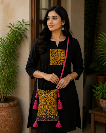 Ajrakh Mashru Silk Screen Print Hand Printed Mobile Cover  - 19 cms Height x    -  SKU : AB23201A