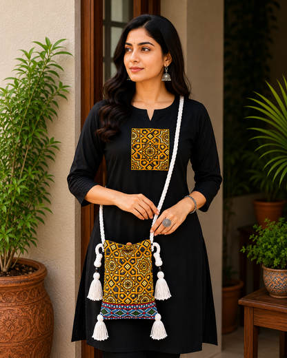 Ajrakh Mashru Silk Screen Print Hand Printed Mobile Cover  - 19 cms Height x    -  SKU : AB23201D