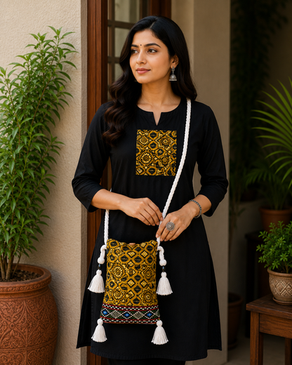 Ajrakh Mashru Silk Screen Print Hand Printed Mobile Cover  - 19 cms Height x    -  SKU : AB23201E