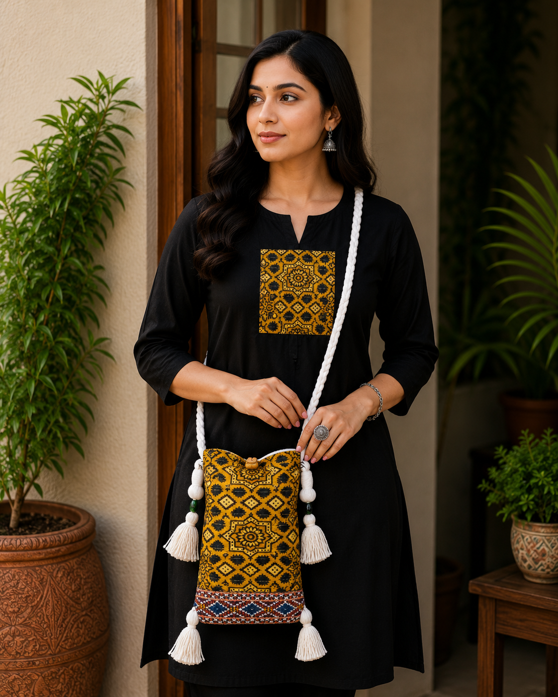 Ajrakh Mashru Silk Screen Print Hand Printed Mobile Cover  - 19 cms Height x    -  SKU : AB23201J
