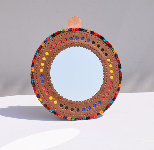 Handcrafted Leather Craft Punch Work Leather Craft Artistic Mirror  - 23 cms Length    -  SKU : AB23C02A
