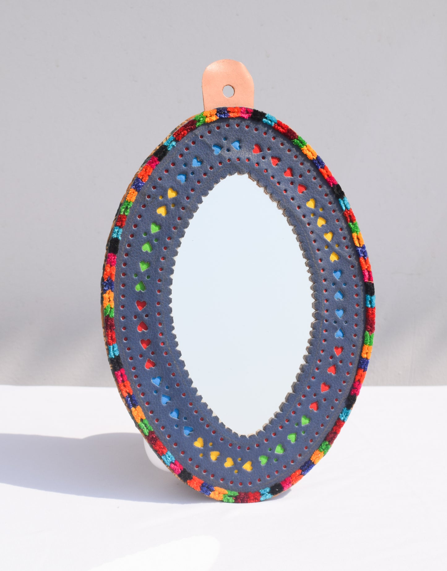 Handcrafted Leather Craft Punch Work Leather Craft Artistic Mirror  - 26 cms Length    -  SKU : AB23C03A