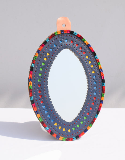 Handcrafted Leather Craft Punch Work Leather Craft Artistic Mirror  - 26 cms Length    -  SKU : AB23C03A