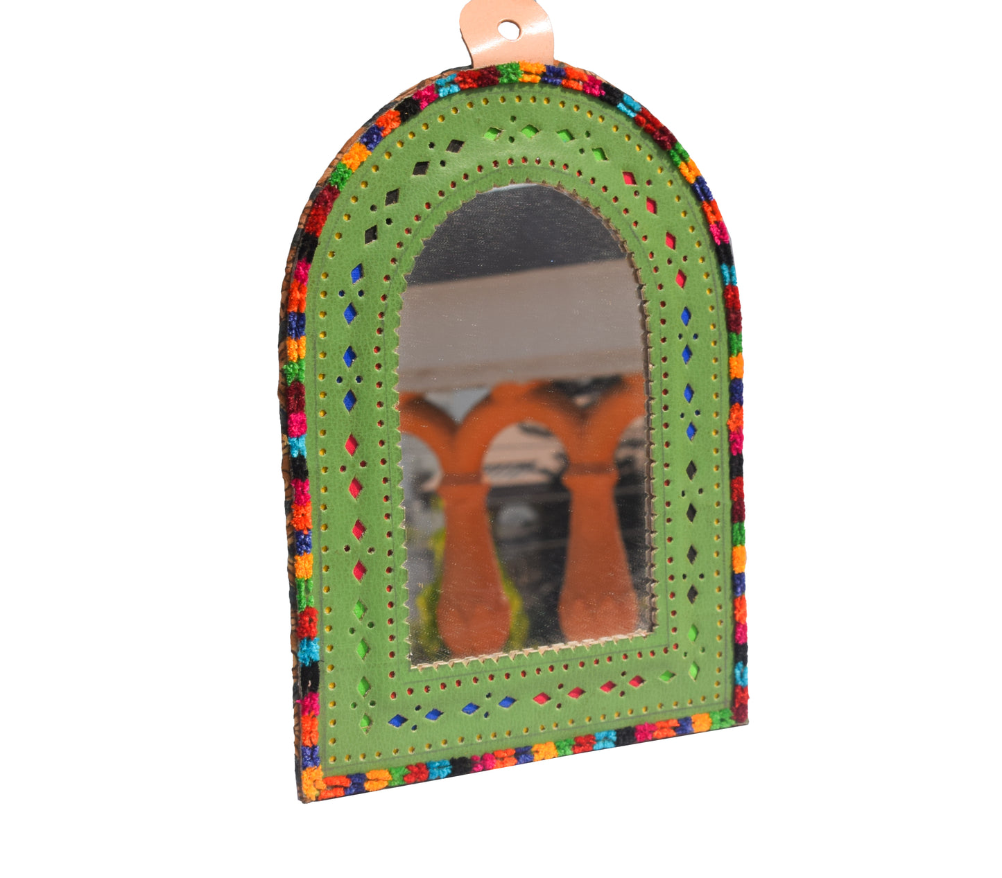 Handcrafted Leather Craft Punch Work Leather Craft Artistic Mirror  - 25 cms Length    -  SKU : AB23C04A