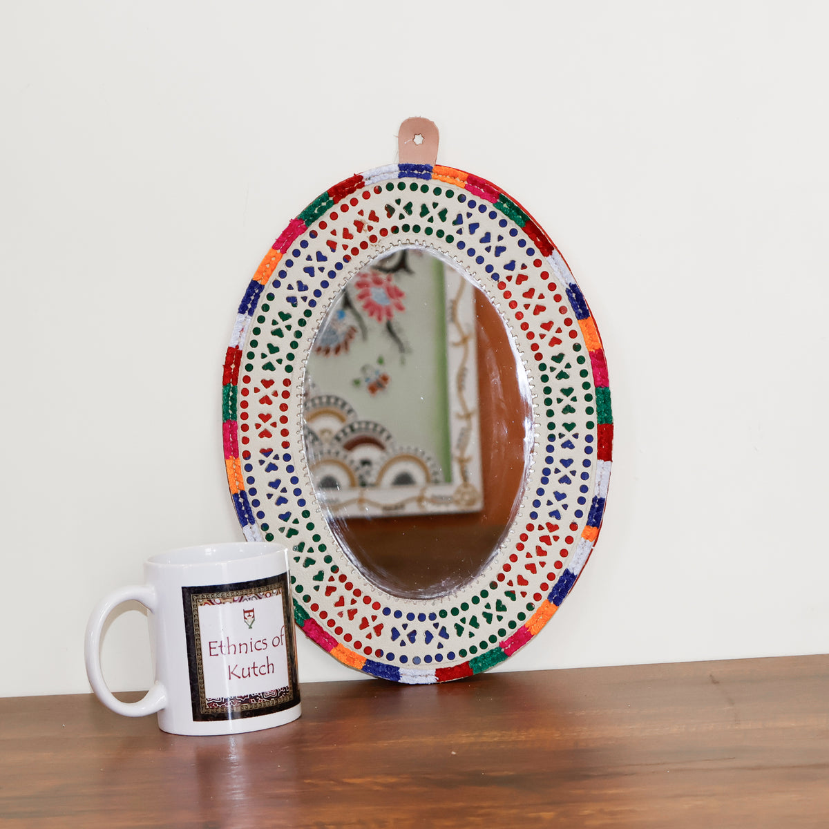 Punch Work Rexine Handcrafted Mirror Large - Oval - 30 cms Length   -  SKU : AH28519B