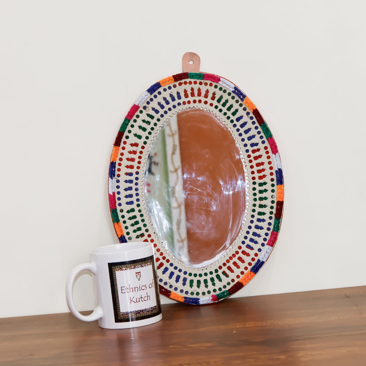 Punch Work Rexine Handcrafted Mirror Large - Oval - 30 cms Length   -  SKU : AH28519C
