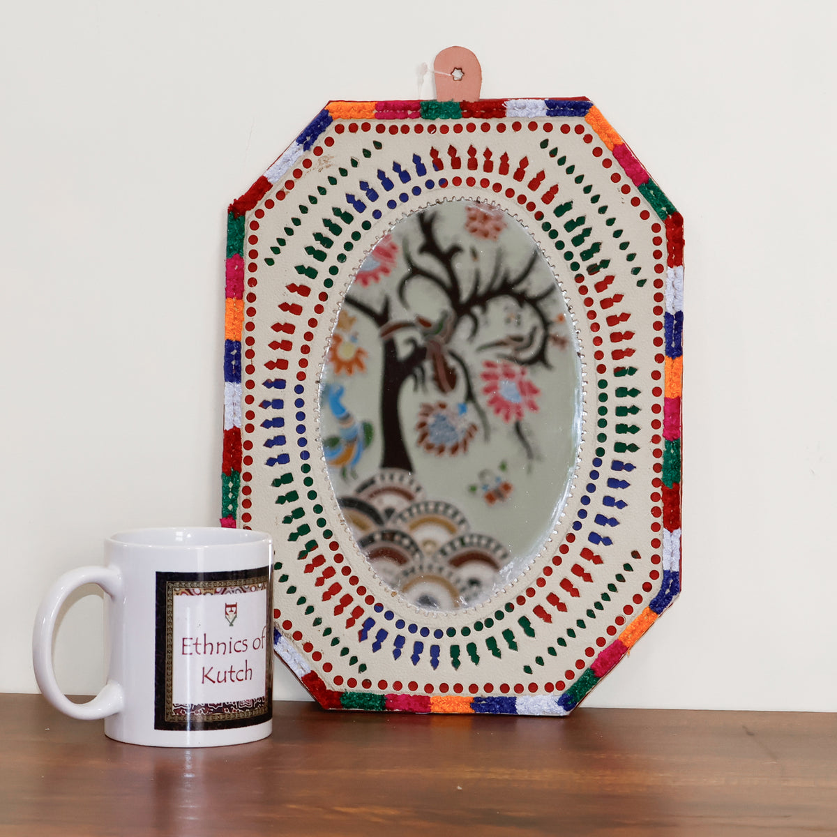 Punch Work Rexine Handcrafted Mirror Large - Rectangle Cut Corner with Oval Mirror - 31.5 cms Length   -  SKU : AH28521A