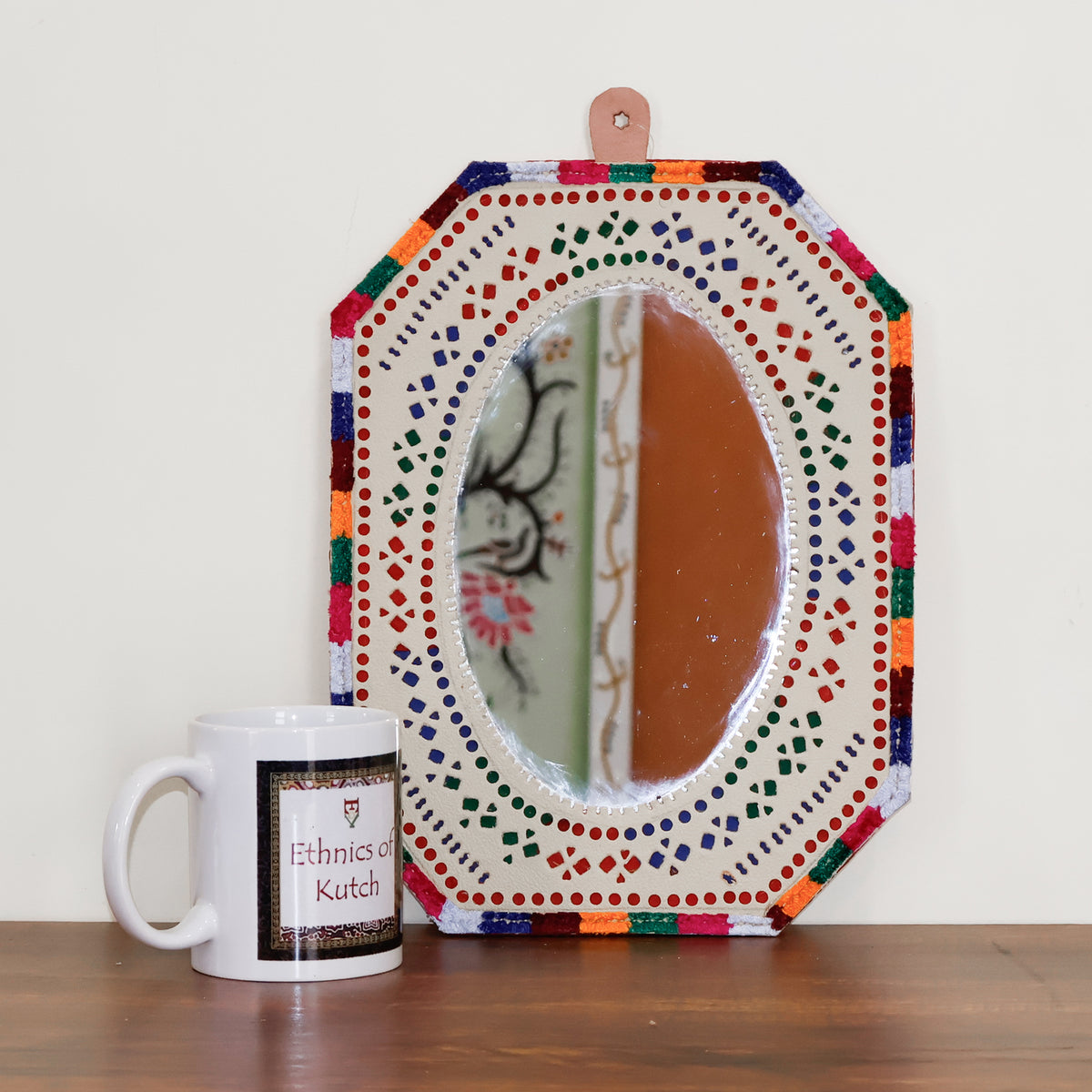 Punch Work Rexine Handcrafted Mirror Large - Rectangle Cut Corner with Oval Mirror - 31.5 cms Length   -  SKU : AH28521B