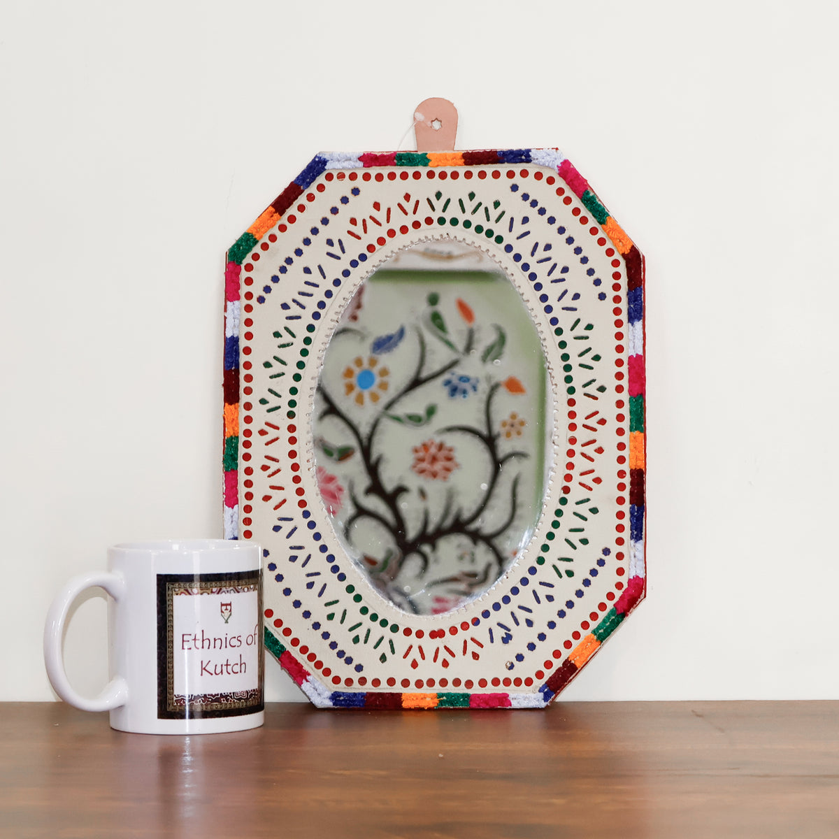 Punch Work Rexine Handcrafted Mirror Large - Rectangle Cut Corner with Oval Mirror - 31.5 cms Length   -  SKU : AH28521C