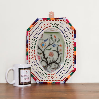 Punch Work Rexine Handcrafted Mirror Large - Rectangle Cut Corner with Oval Mirror - 31.5 cms Length   -  SKU : AH28521C