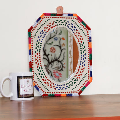 Punch Work Rexine Handcrafted Mirror Large - Rectangle Cut Corner with Oval Mirror - 31.5 cms Length   -  SKU : AH28521D