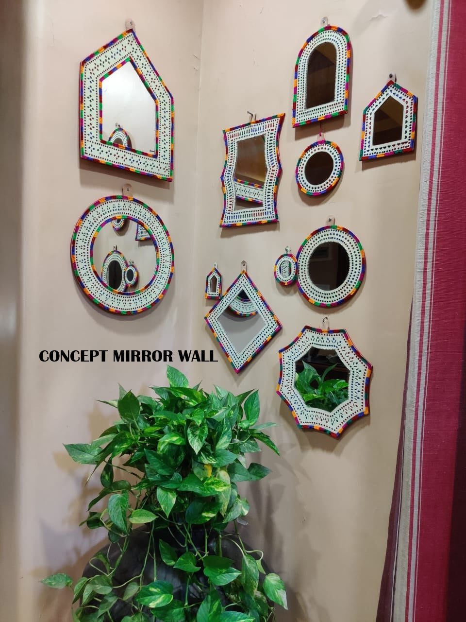 Punch Work Rexine Handcrafted Mirror Large - Rectangle Cut Corner with Oval Mirror - 31.5 cms Length   -  SKU : AH28521D