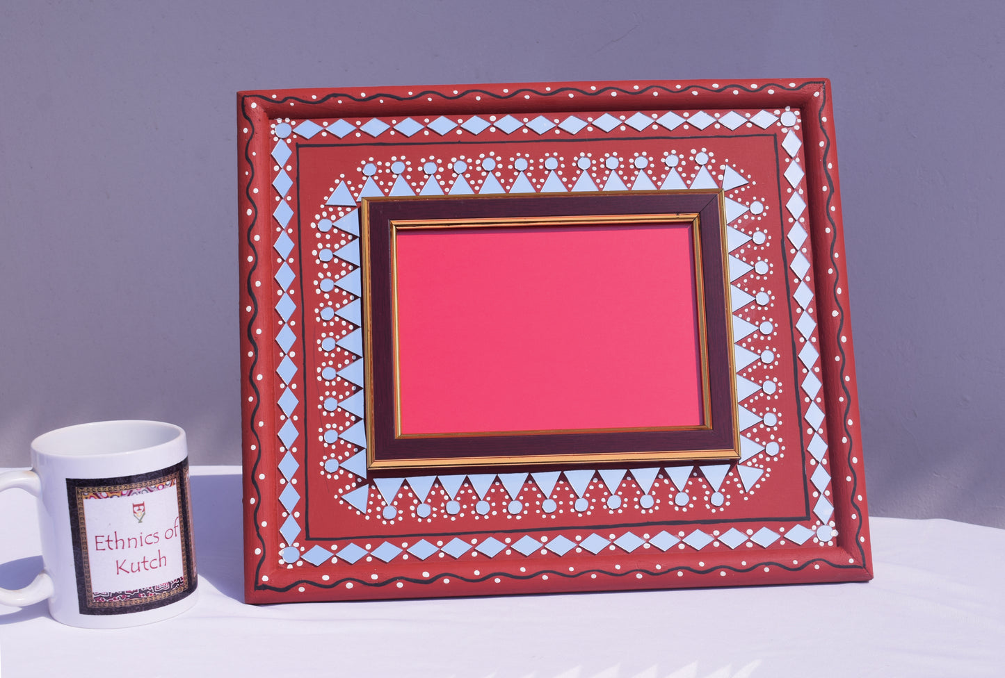 Lippan Kam Wooden Traditional Kutch Handicraft Mud-Mirrorwork Lippan Kam Wall Art Photo Frame (Water and Break Resistant) - 12 inch Length    -  SKU : 0002-MRBK