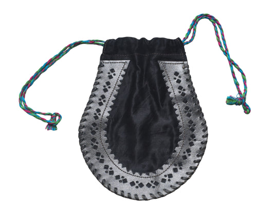 Leather Craft Punch Work Mashru Silk Leathercraft Hand Made Plain Dyeing Potli  - 24 cms Length    -  SKU : AB08703B