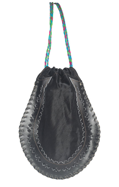 Leather Craft Punch Work Mashru Silk Leathercraft Hand Made Plain Dyeing Potli  - 24 cms Length    -  SKU : AB08703B