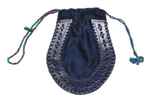 Leather Craft Punch Work Mashru Silk Leathercraft Hand Made Plain Dyeing Potli  - 24 cms Length    -  SKU : AB08703A