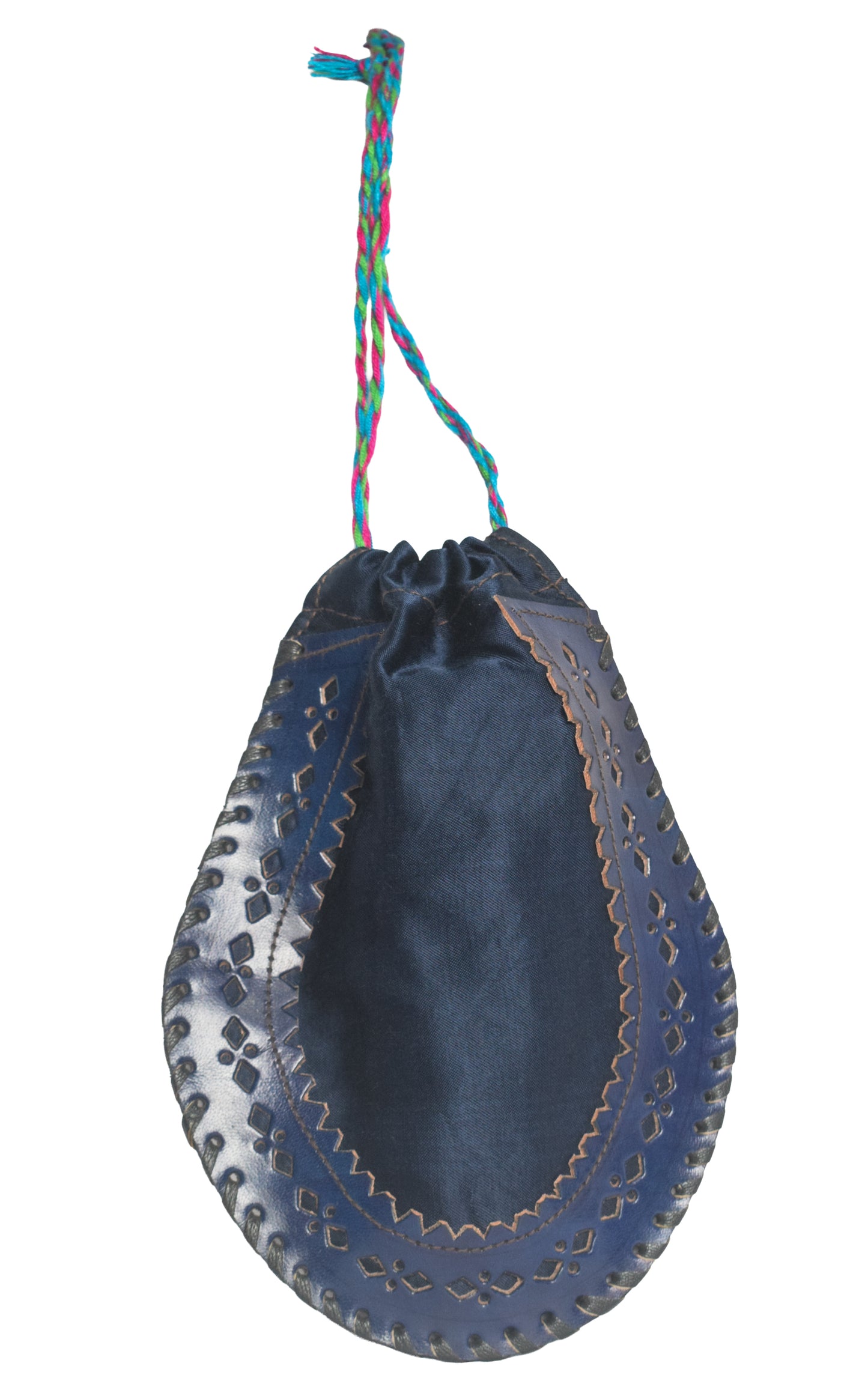 Leather Craft Punch Work Mashru Silk Leathercraft Hand Made Plain Dyeing Potli  - 24 cms Length    -  SKU : AB08703A