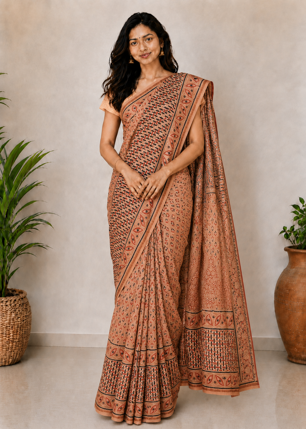 Ajrakh Chanderi Silk Natural Dye Hand Block Print Saree with Blouse Piece - 5.5 Mtr Length    -  SKU : JB01801D
