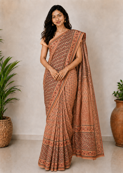 Ajrakh Chanderi Silk Natural Dye Hand Block Print Saree with Blouse Piece - 5.5 Mtr Length    -  SKU : JB01801D