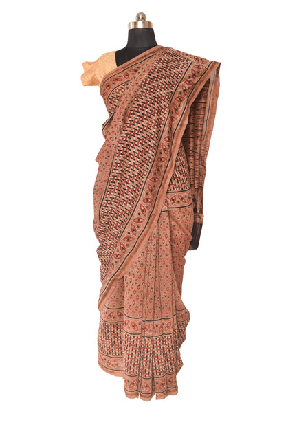 Ajrakh Chanderi Silk Natural Dye Hand Block Print Saree  with Ajrakh Blouse Piece  - 6 Mtr Length  -  SKU: JB01801D
