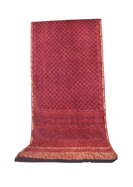 Ajrakh Chanderi Silk Natural Dye Hand Block Print Saree  With Blouse Piece   -  SKU: MS17404C