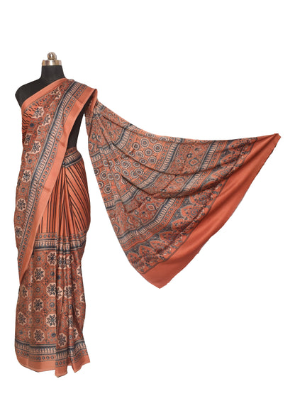 Ajrakh Modal Silk Natural Dye Hand Block Print Saree  with Ajrakh Blouse Piece  - 6 Mtr Length    -  SKU : ID28C01L