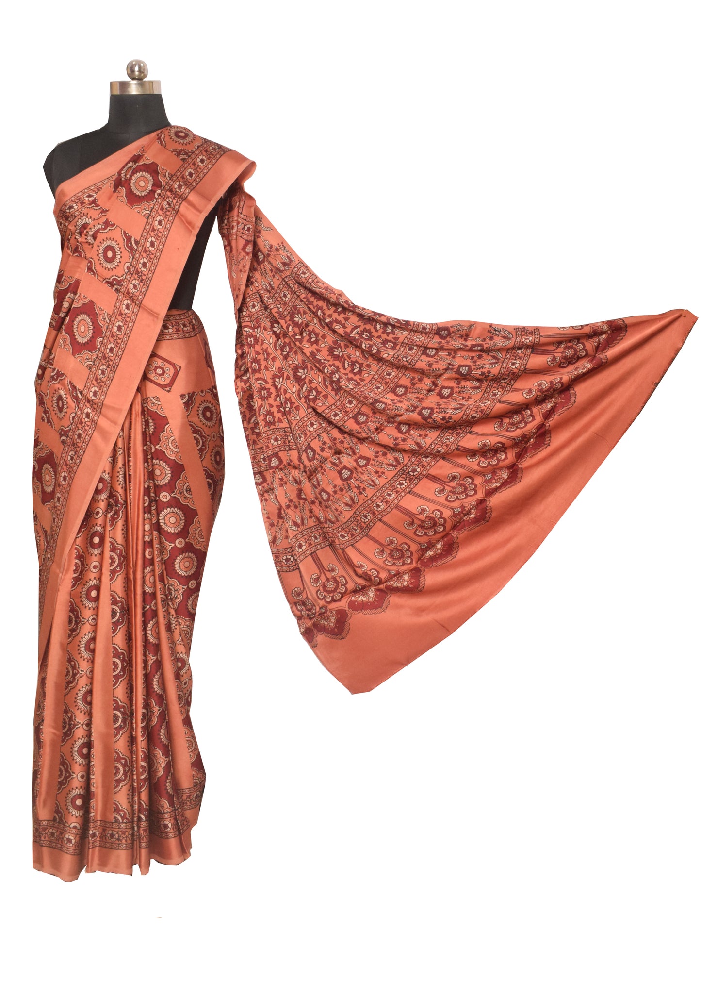 Ajrakh Modal Silk Natural Dye Hand Block Print Saree  with Ajrakh Blouse Piece  - 6 Mtr Length    -  SKU : ID28C01A