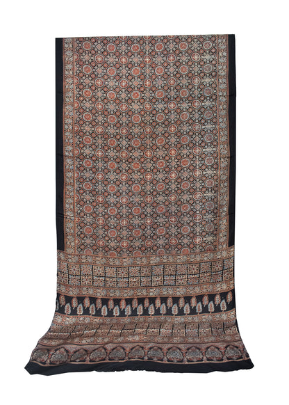 Ajrakh Modal Silk Natural Dye Hand Block Print Saree with Blouse Piece - 5.5 Mtr Length   -  SKU : AI18801A