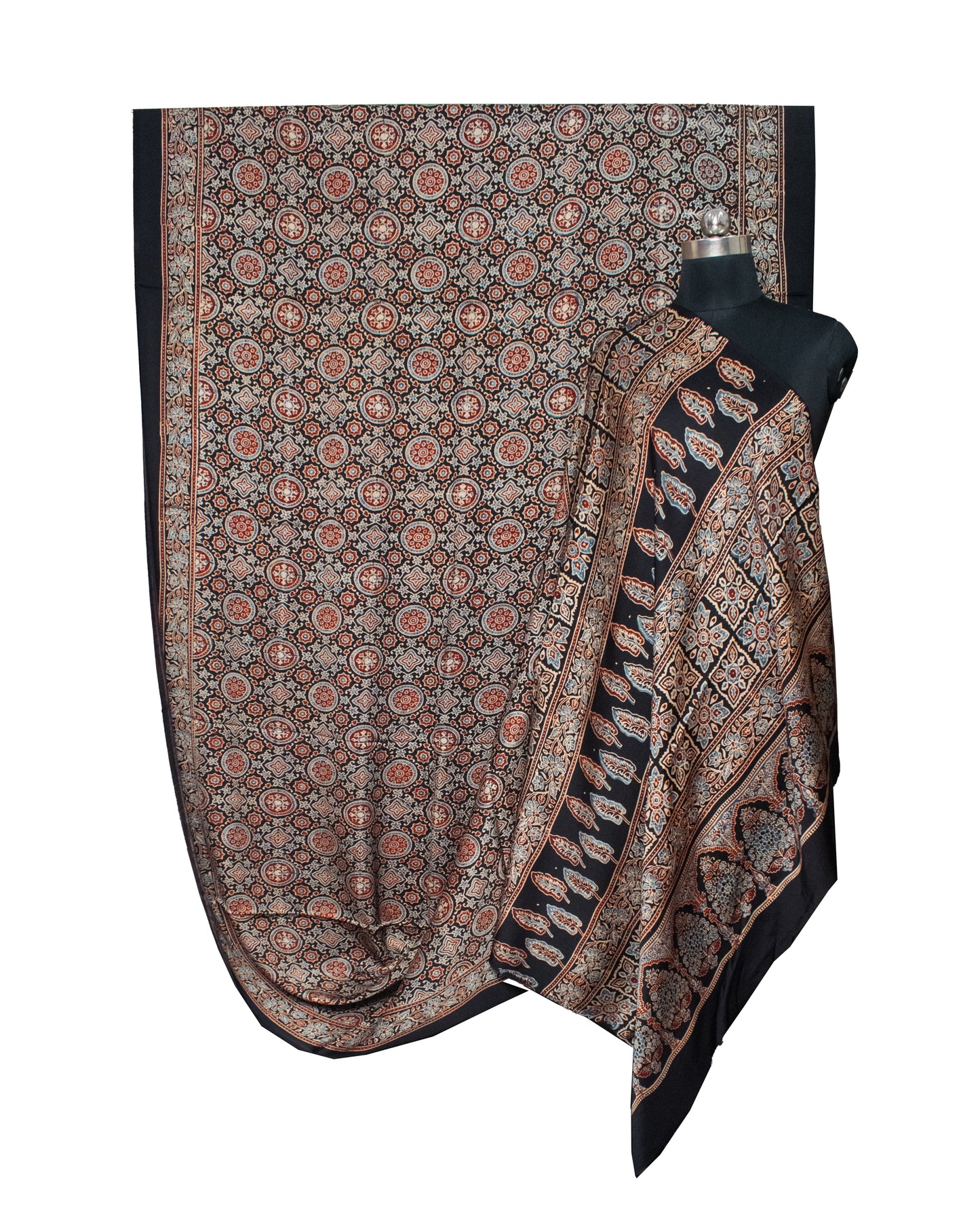 Ajrakh Modal Silk Natural Dye Hand Block Print Saree with Blouse Piece - 5.5 Mtr Length   -  SKU : AI18801A