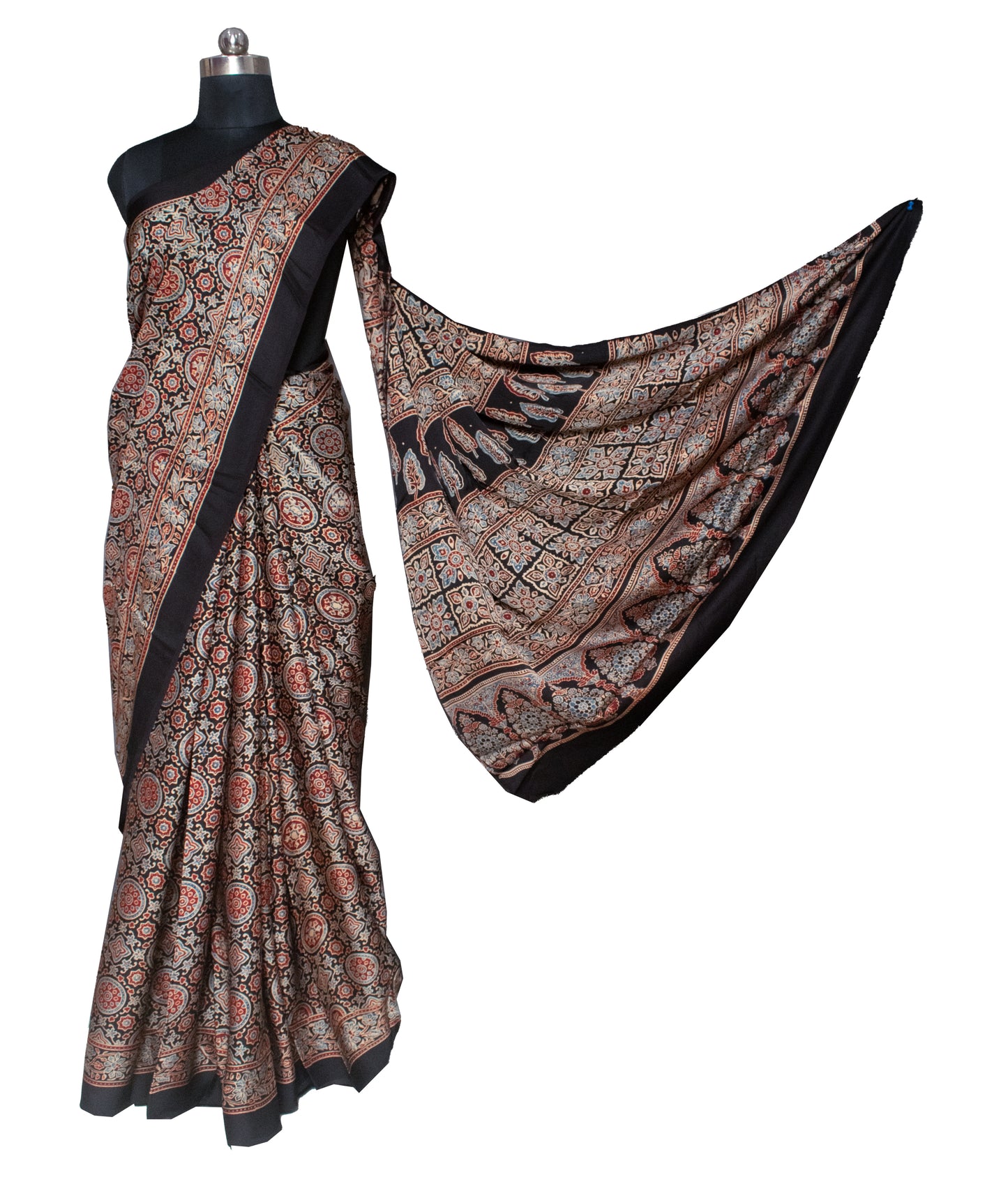 Ajrakh Modal Silk Natural Dye Hand Block Print Saree with Blouse Piece - 5.5 Mtr Length   -  SKU : AI18801A