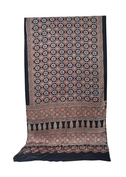 Ajrakh Modal Silk Natural Dye Hand Block Print Saree with Blouse Piece - 5.5 Mtr Length   -  SKU : AI18801F