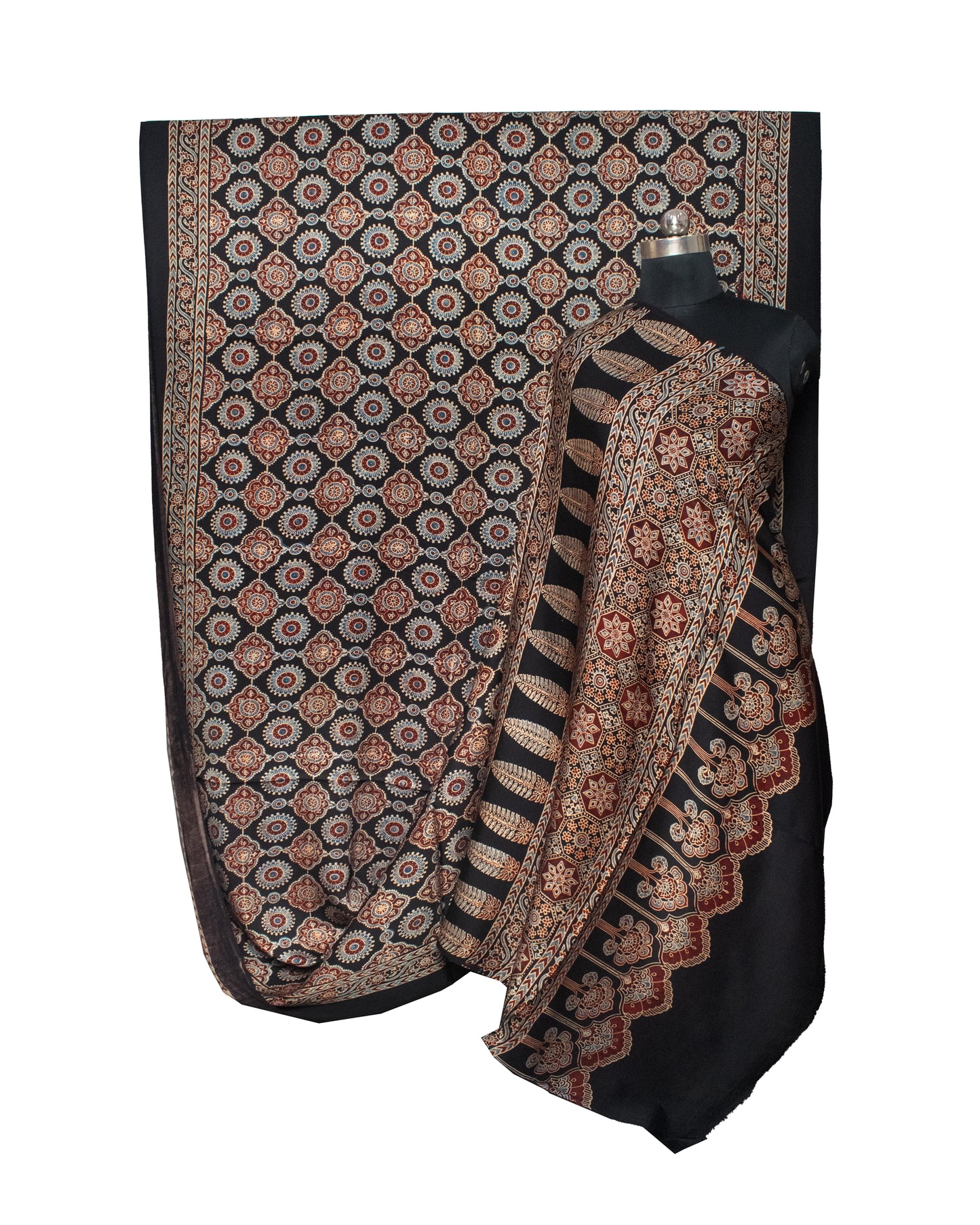Ajrakh Modal Silk Natural Dye Hand Block Print Saree with Blouse Piece - 5.5 Mtr Length   -  SKU : AI18801F