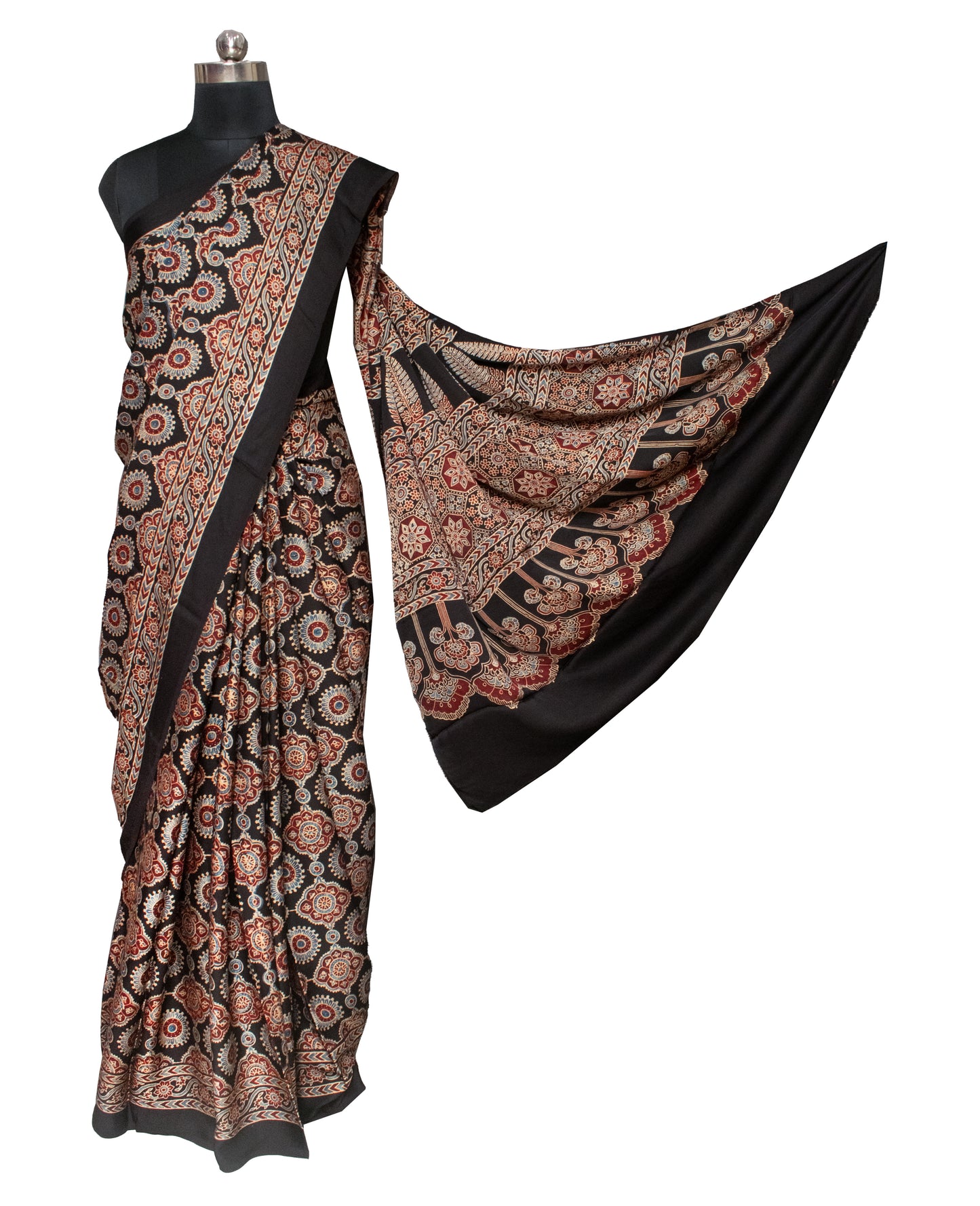 Ajrakh Modal Silk Natural Dye Hand Block Print Saree with Blouse Piece - 5.5 Mtr Length   -  SKU : AI18801F