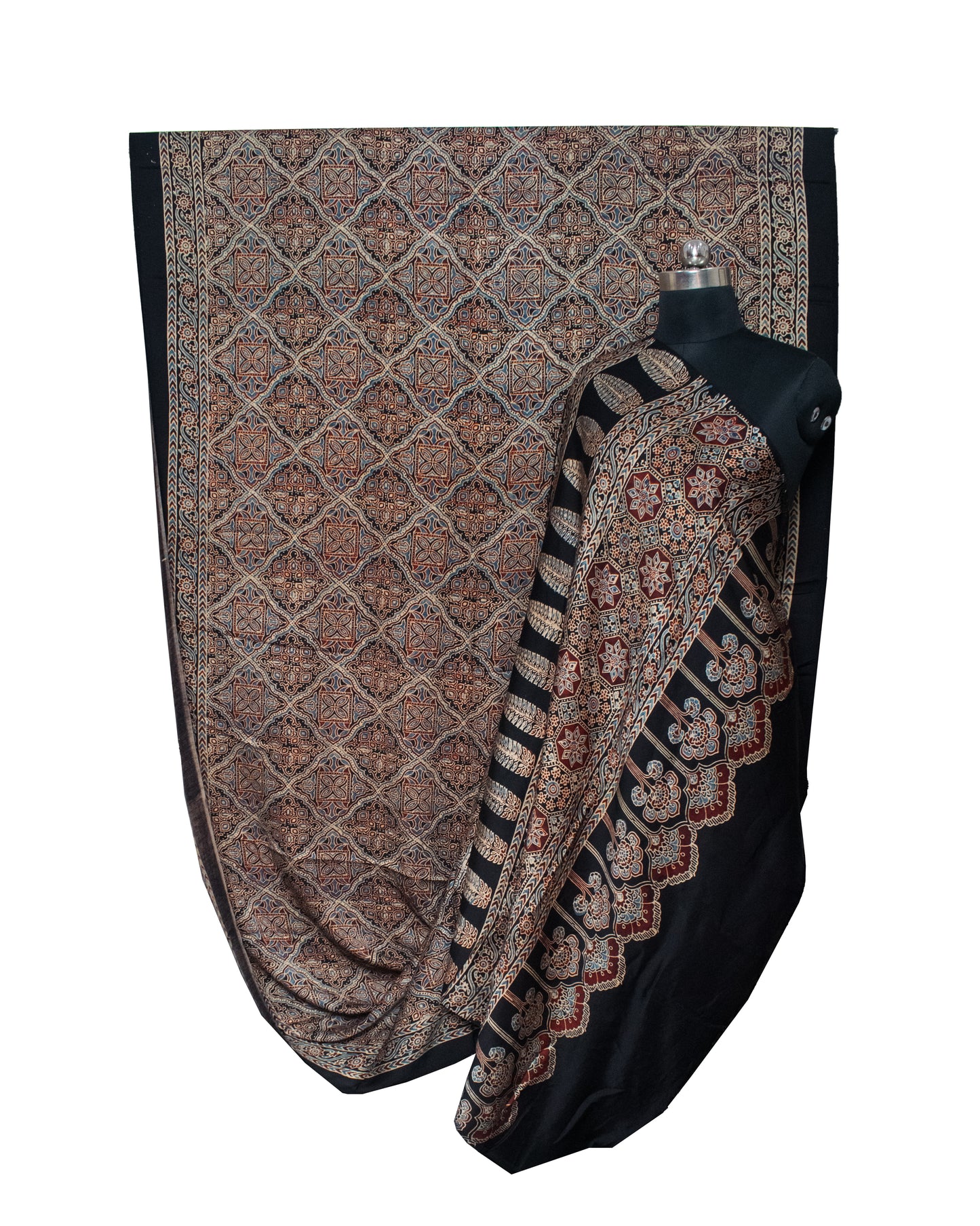Ajrakh Modal Silk Natural Dye Hand Block Print Saree with Blouse Piece - 5.5 Mtr Length   -  SKU : AI18801K