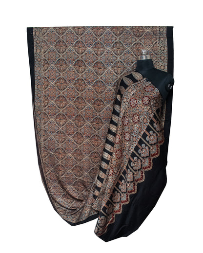 Ajrakh Modal Silk Natural Dye Hand Block Print Saree with Blouse Piece - 5.5 Mtr Length   -  SKU : AI18801K
