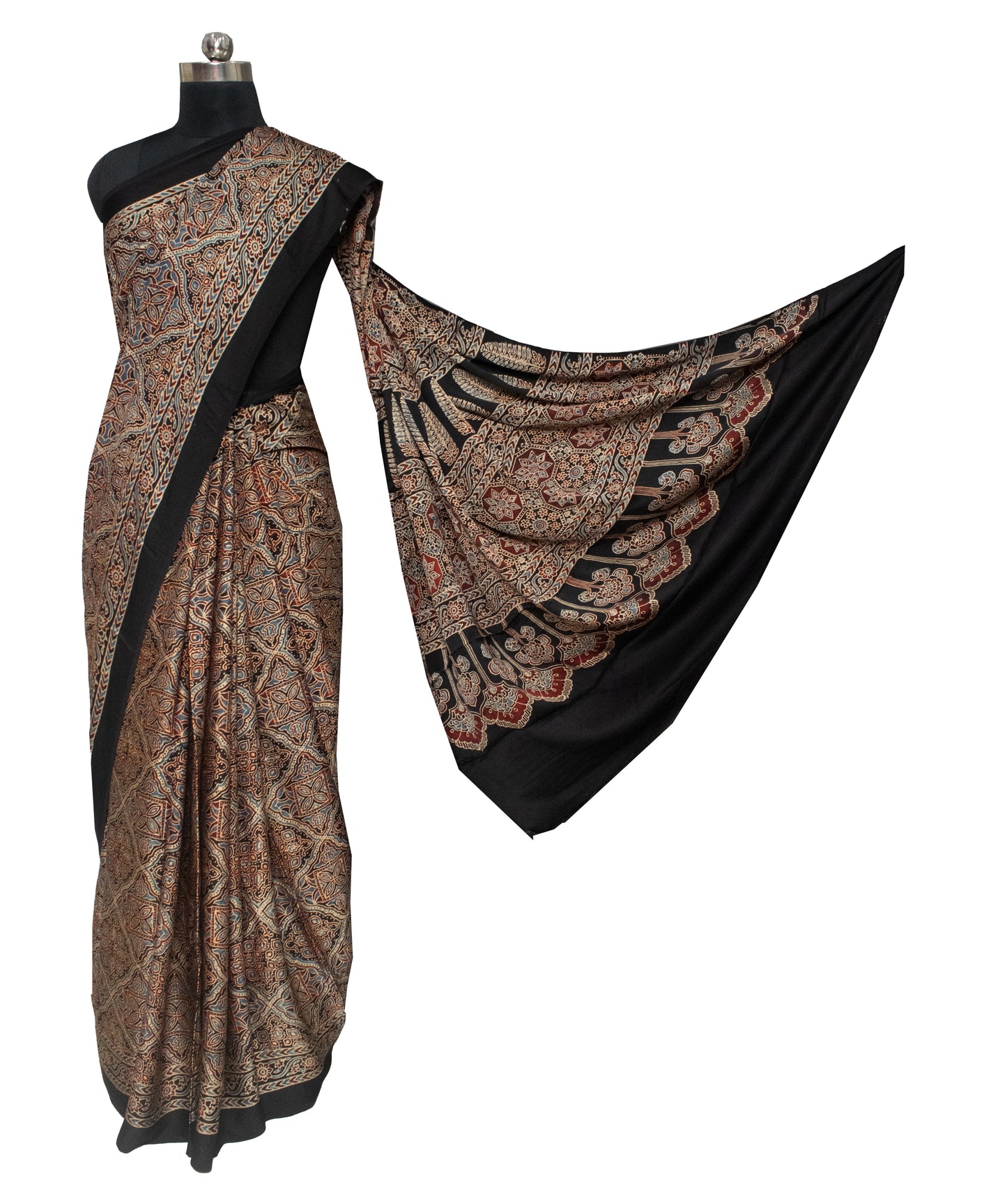 Ajrakh Modal Silk Natural Dye Hand Block Print Saree with Blouse Piece - 5.5 Mtr Length   -  SKU : AI18801K