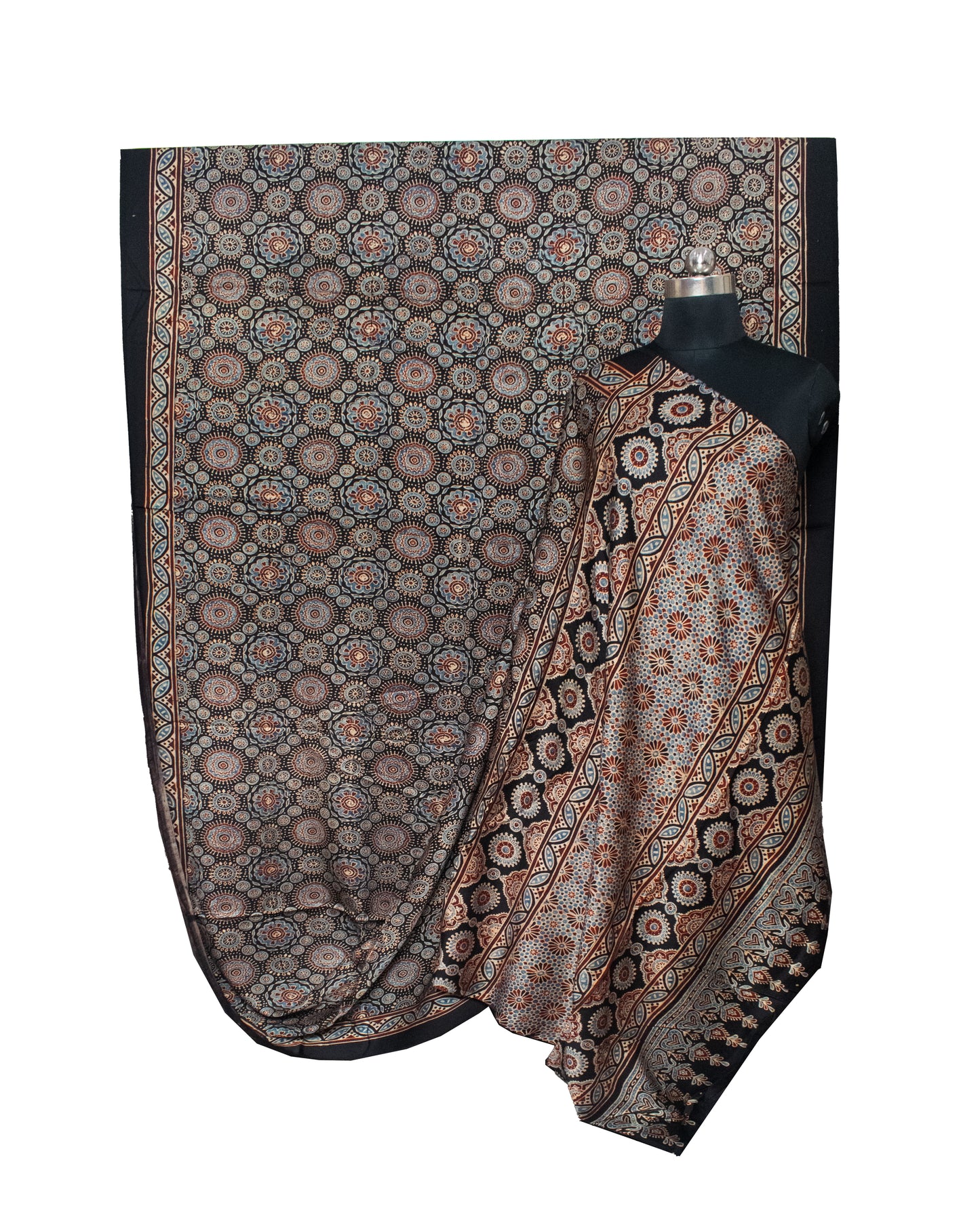 Ajrakh Modal Silk Natural Dye Hand Block Print Saree with Blouse Piece - 5.5 Mtr Length   -  SKU : AI18801P