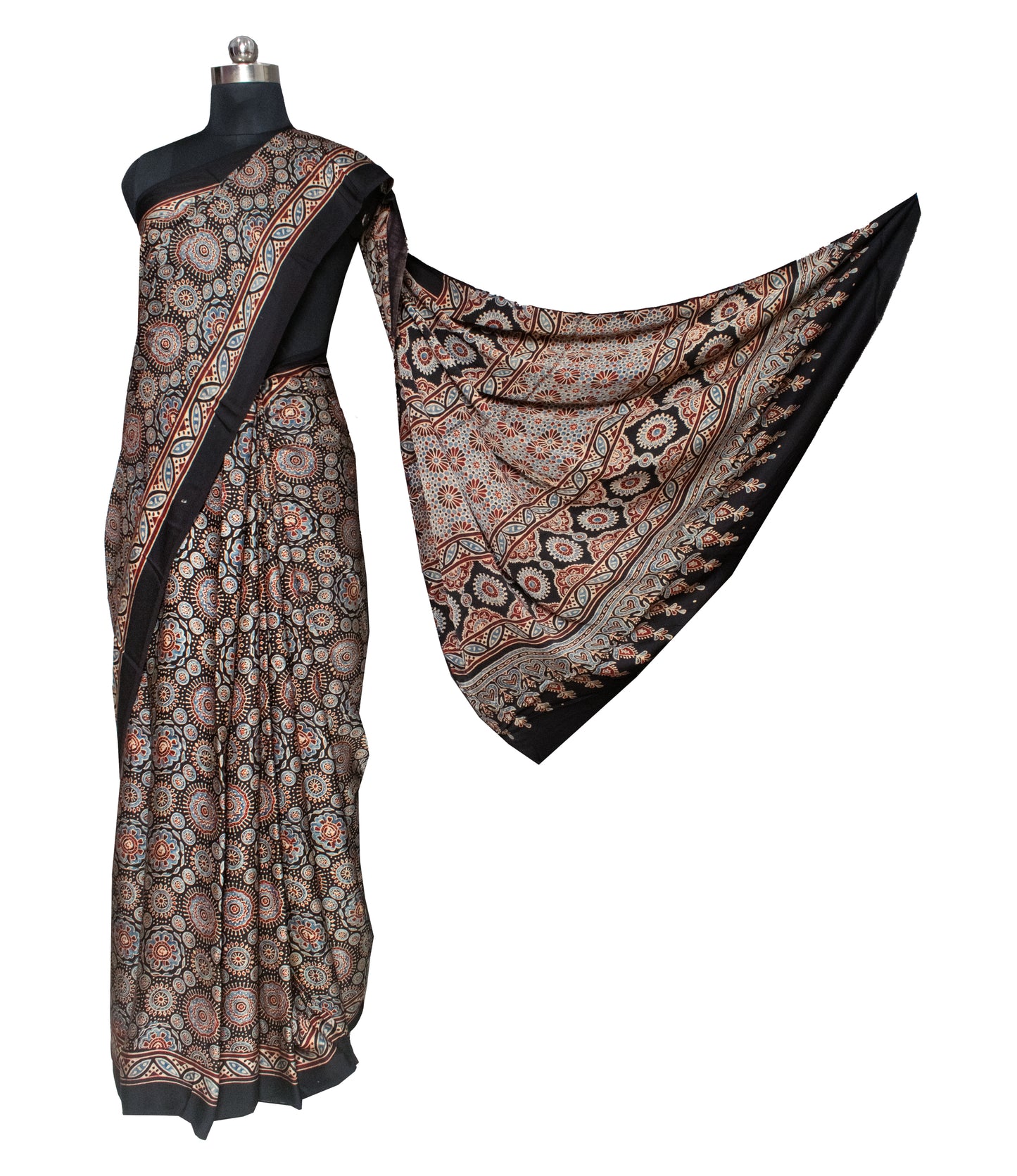Ajrakh Modal Silk Natural Dye Hand Block Print Saree with Blouse Piece - 5.5 Mtr Length   -  SKU : AI18801P