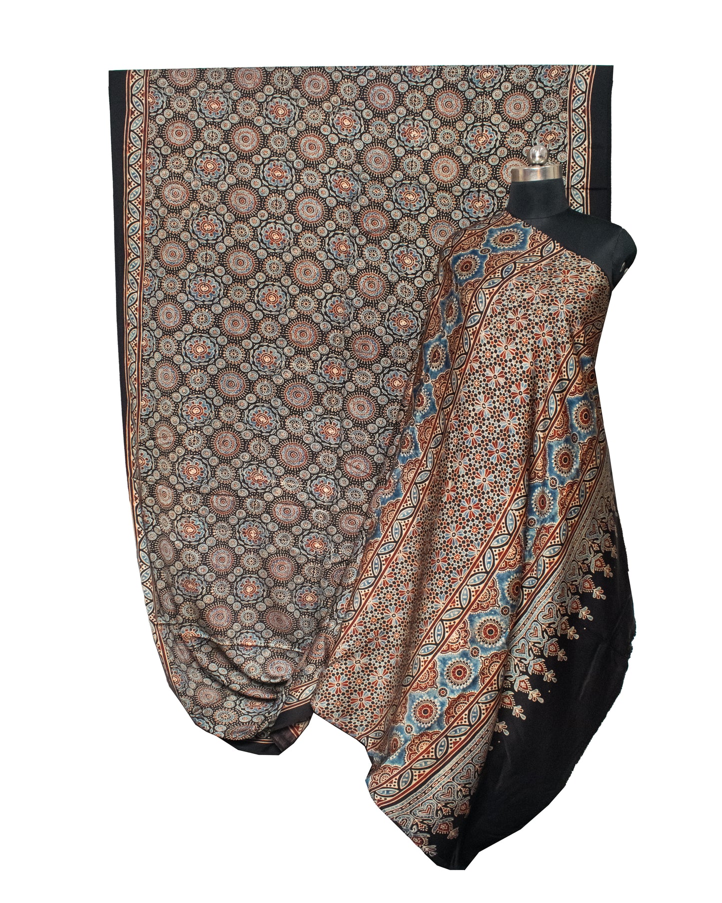 Ajrakh Modal Silk Natural Dye Hand Block Print Saree with Blouse Piece - 5.5 Mtr Length   -  SKU : AI18801U