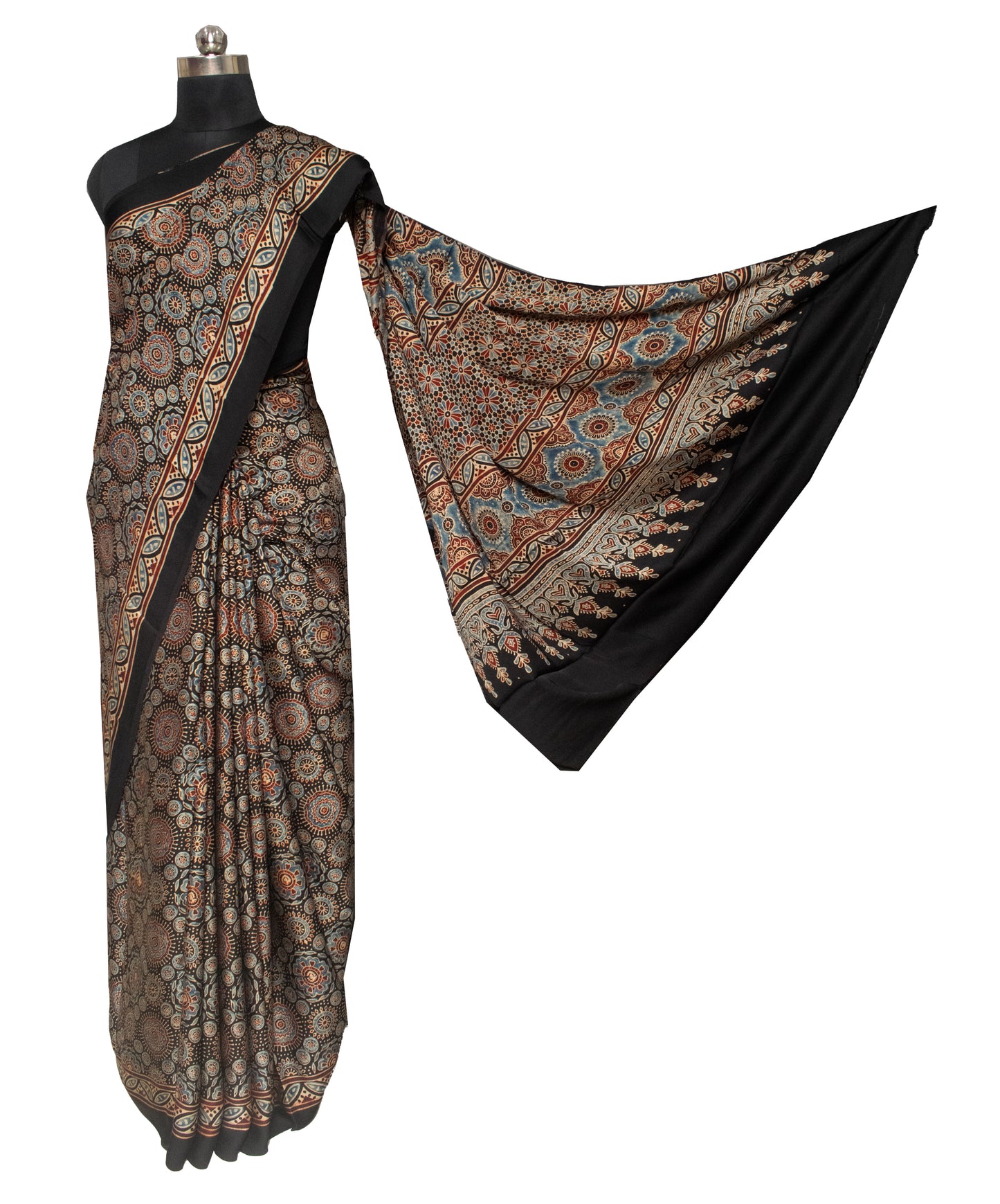 Ajrakh Modal Silk Natural Dye Hand Block Print Saree with Blouse Piece - 5.5 Mtr Length   -  SKU : AI18801U