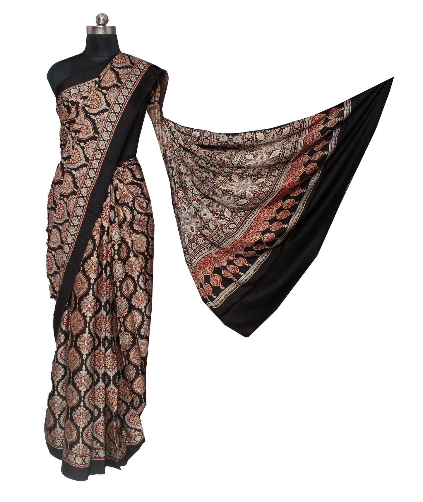 Ajrakh Modal Silk Natural Dye Hand Block Print Saree with Blouse Piece - 5.5 Mtr Length   -  SKU : AI18801Z