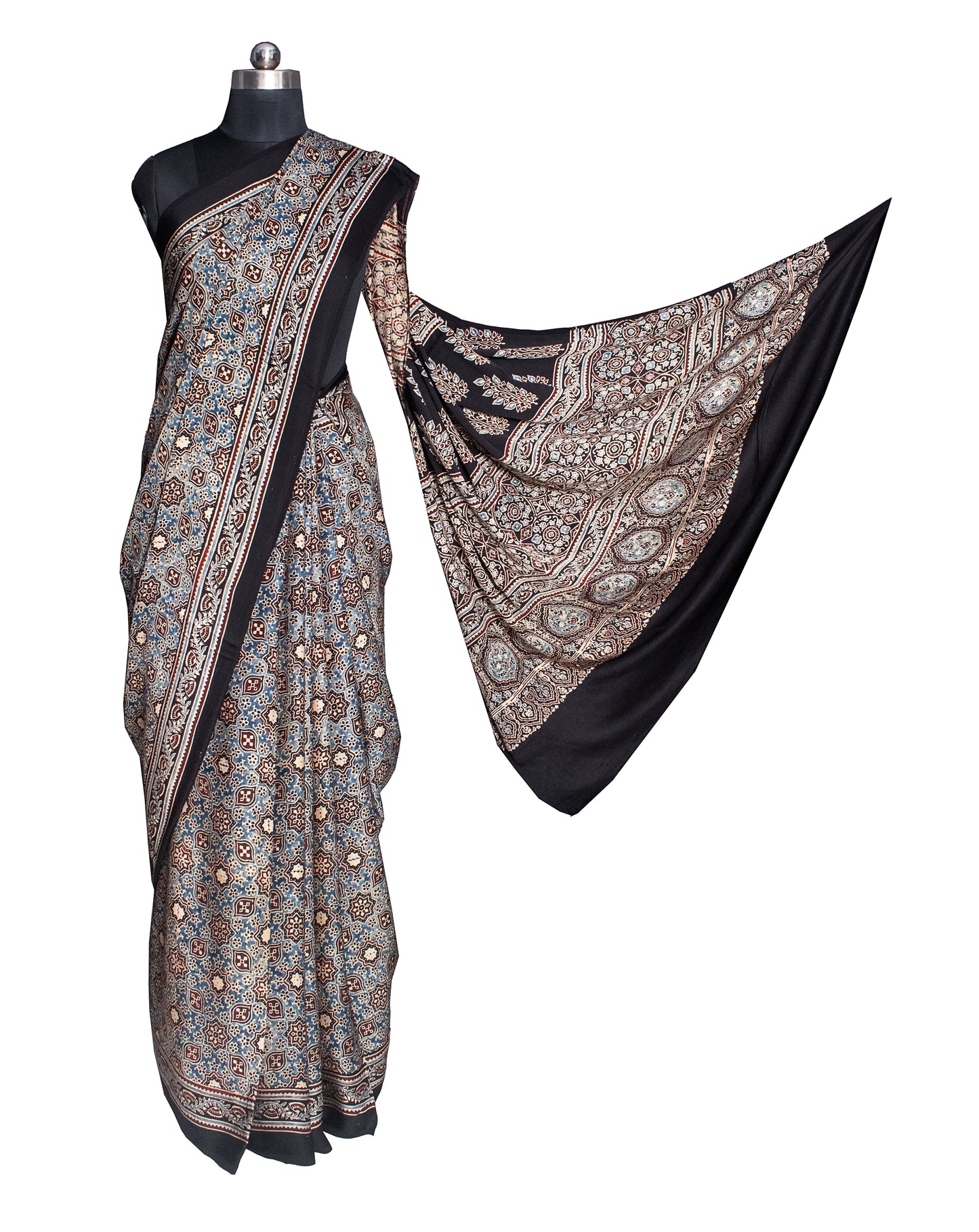 Ajrakh Modal Silk Natural Dye Hand Block Print Saree with Blouse Piece - 5.5 Mtr Length   -  SKU : AI1880AE