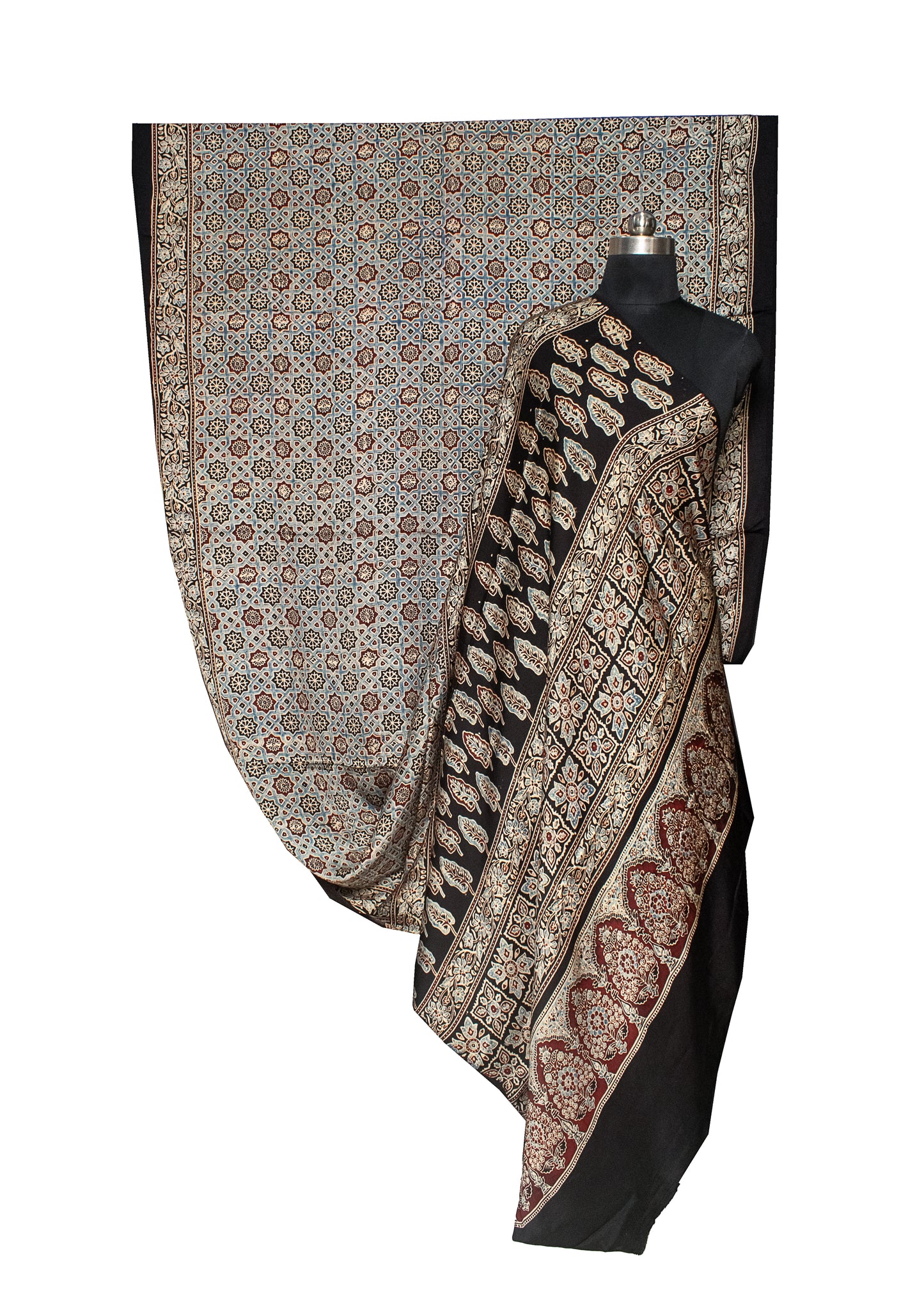Ajrakh Modal Silk Natural Dye Hand Block Print Saree with Blouse Piece - 5.5 Mtr Length   -  SKU : AI1880AE