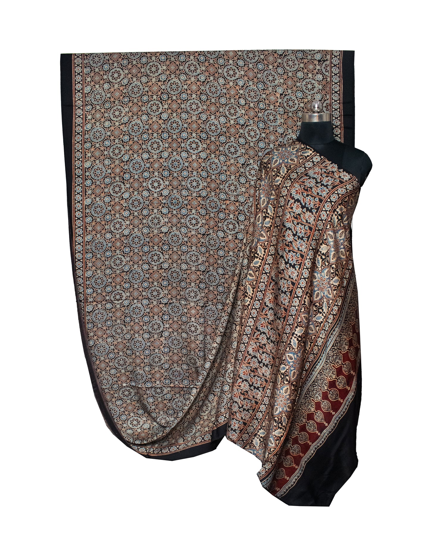 Ajrakh Modal Silk Natural Dye Hand Block Print Saree with Blouse Piece - 5.5 Mtr Length   -  SKU : AI1880AJ