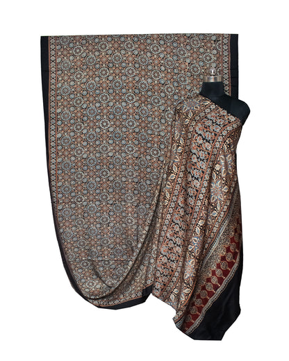 Ajrakh Modal Silk Natural Dye Hand Block Print Saree with Blouse Piece - 5.5 Mtr Length   -  SKU : AI1880AJ