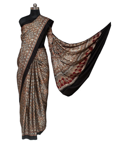 Ajrakh Modal Silk Natural Dye Hand Block Print Saree with Blouse Piece - 5.5 Mtr Length   -  SKU : AI1880AJ