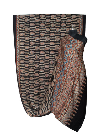 Ajrakh Modal Silk Natural Dye Hand Block Print Saree with Blouse Piece - 5.5 Mtr Length   -  SKU : AI1880AO