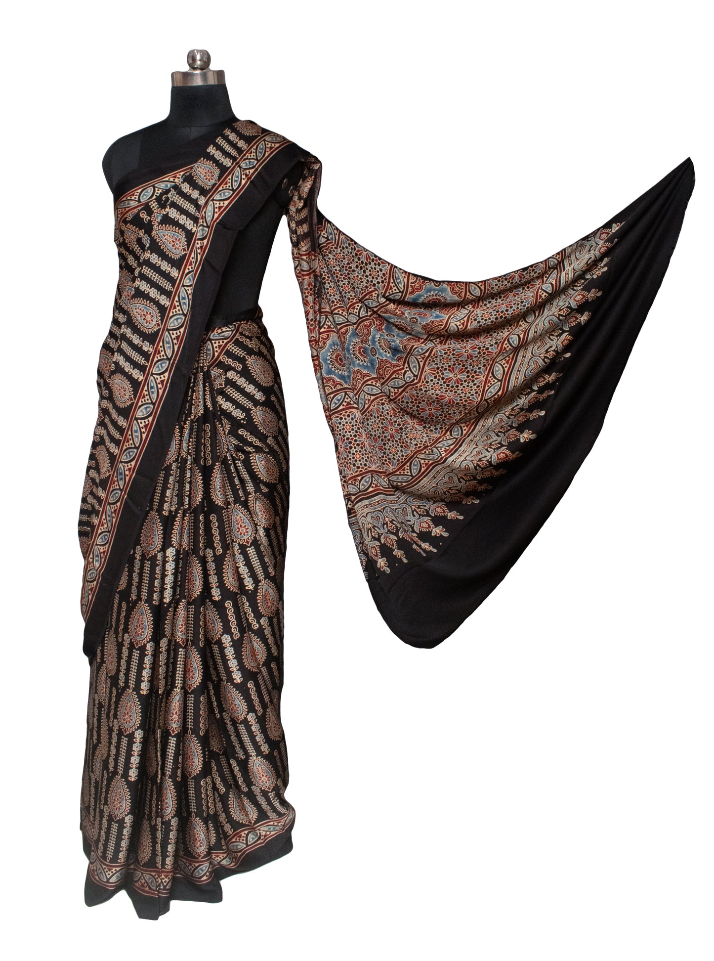 Ajrakh Modal Silk Natural Dye Hand Block Print Saree with Blouse Piece - 5.5 Mtr Length   -  SKU : AI1880AO