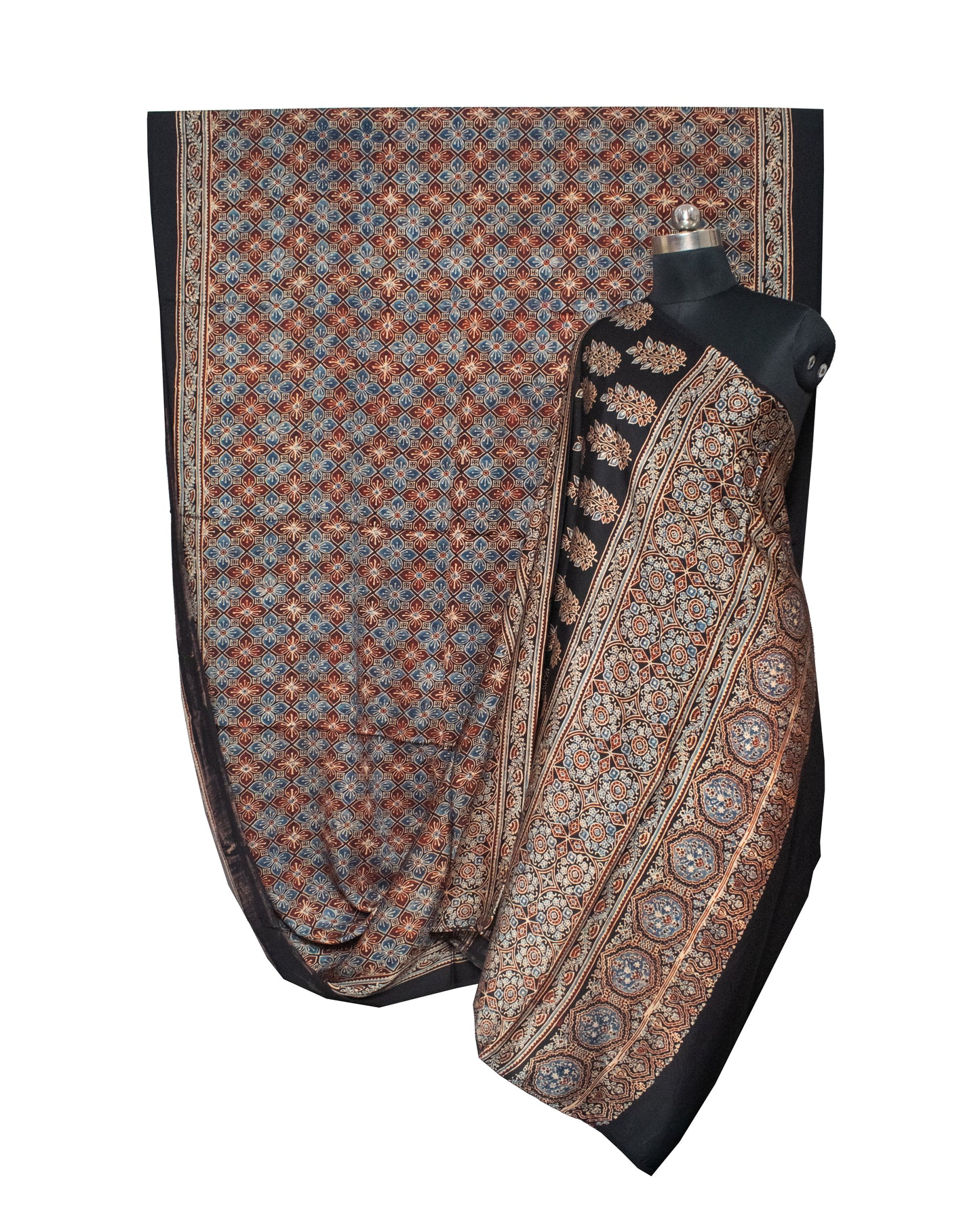 Ajrakh Modal Silk Natural Dye Hand Block Print Saree with Blouse Piece - 5.5 Mtr Length   -  SKU : AI1880AT