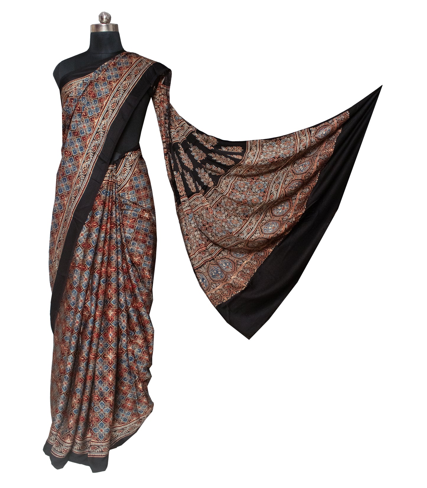 Ajrakh Modal Silk Natural Dye Hand Block Print Saree with Blouse Piece - 5.5 Mtr Length   -  SKU : AI1880AT